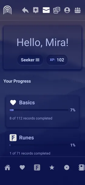 The Inner Gate app's home screen: a greeting with the member's level, Seeker III, and 102 XP, and their progress on the Basics Path (8 of 112 records completed) and the Runes path (1 of 71).