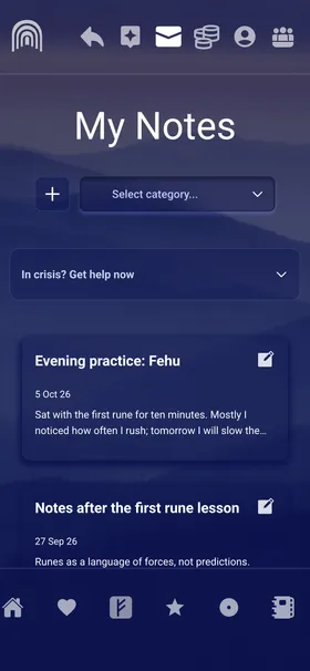 My Notes in the Inner Gate app: two journal entries, "Evening practice: Fehu" and "Notes after the first rune lesson".