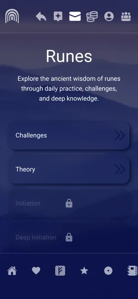 The Runes path in the Inner Gate app: Challenges and Theory open, Initiation and Deep Initiation shown locked.